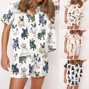 Puppies and Kitties Animals Pajama Set For Women Print Comfy Satin Sleepwear & Loungewear Pjs Printing Silky Short Sleeve Top & Shorts - SHESHOW
