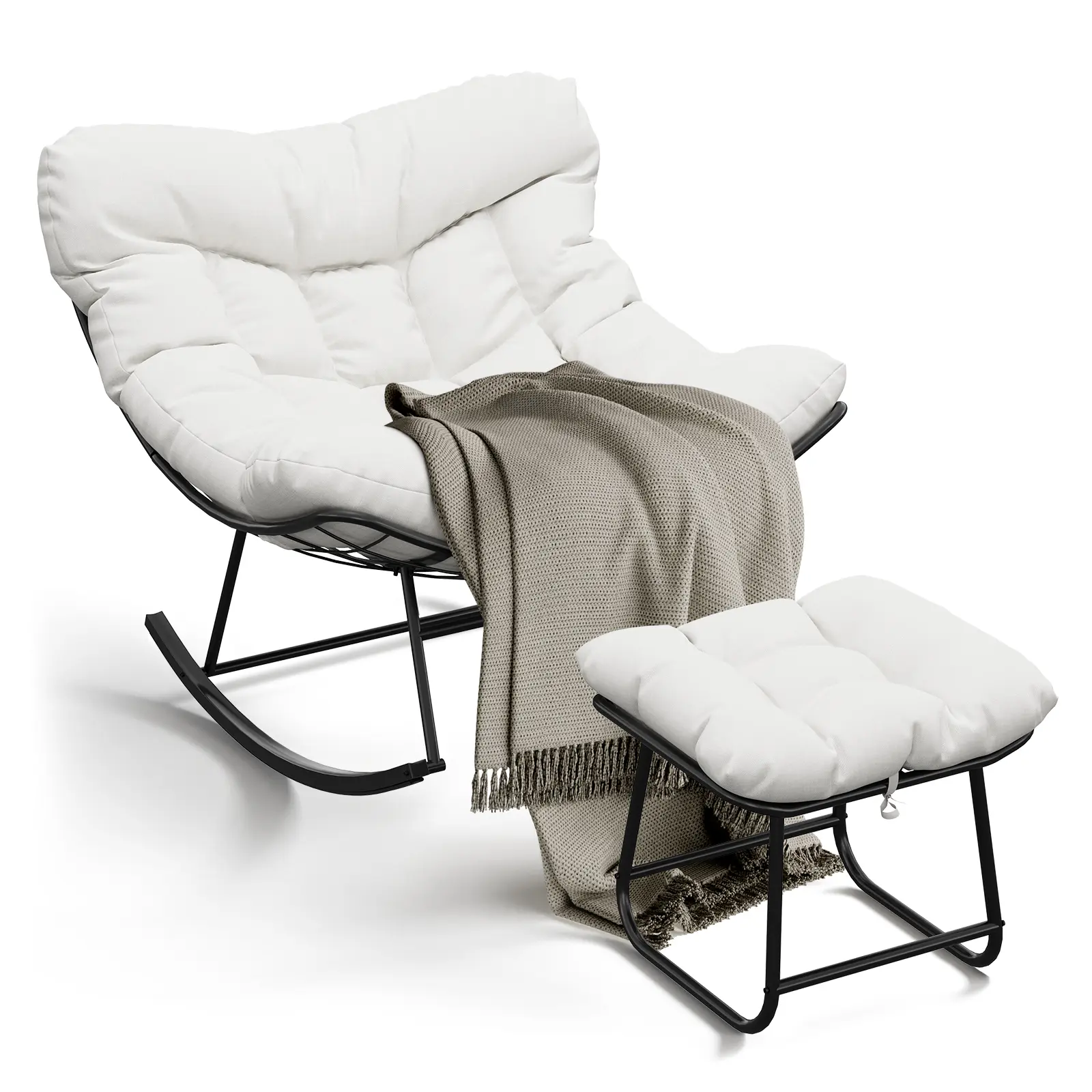 Oversized Papasan Rocking Chair with Footrest, Rattan Egg Lounge Chair with Ottoman, Sturdy Metal Frame for Balcony, Backyard, Porch & Bedroom