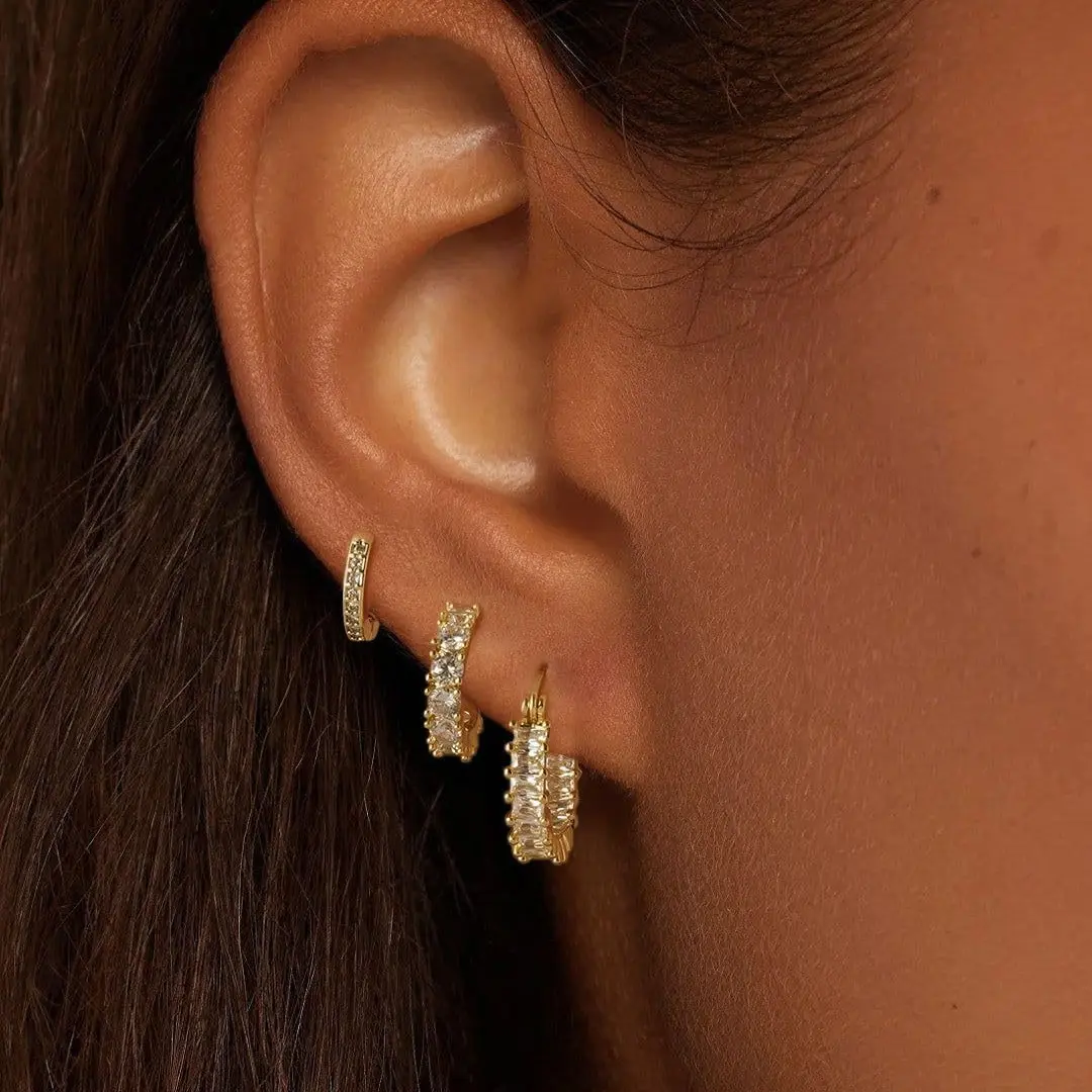 Golden Electroplated Earrings Stack Set for Female Casual Wear, an Elegant Collection of Brass Hoops and Studs with Zircon Stones, Earrings Jewelry, Electroplating, Bling Effect