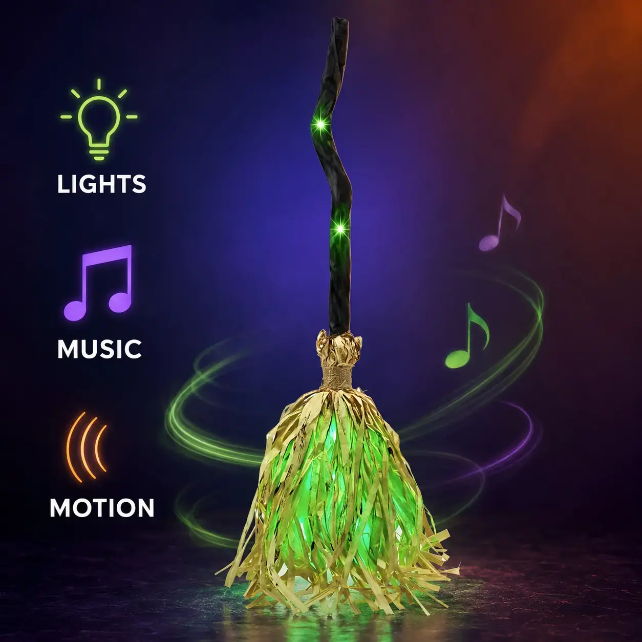 DR.DUDU 35" Animated Witches Broom Halloween Decor Magic Witch Broomstick | Moving, Sound/Touch Activated, Light up, Spooky Sounds, Dancing, for Indoor & Outdoor Porch, Halloween Party Decorations