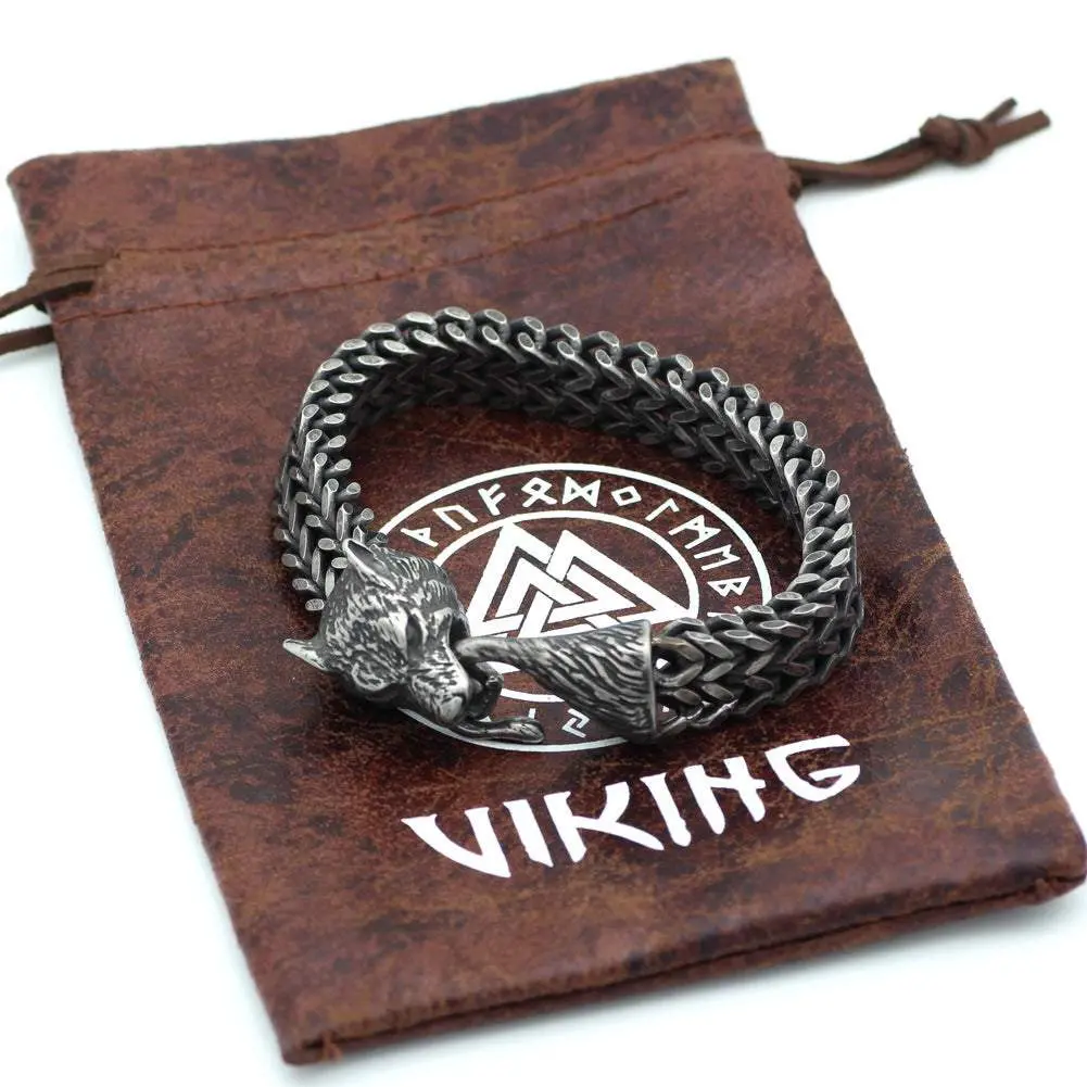 Stainless Steel Vintage Black Wolf Head Cuban Chain Hand Wristband