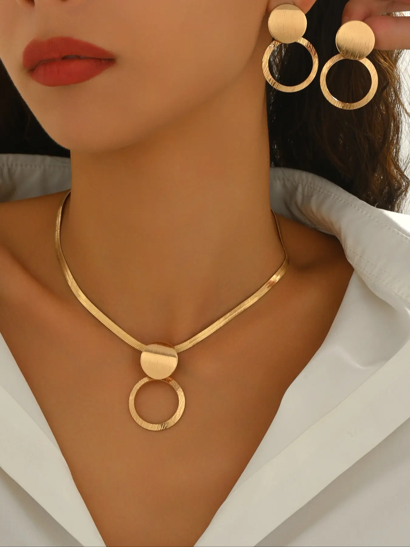 Elegant Geometric Pendant Necklace Earrings Set, Necklaces Earrings Set, Necklace And Earring Set, Fashionable Iron Chain Design, All Season Casual Style Jewelry for Women, Trendy Jewelry Set