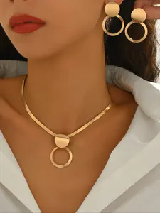 Elegant Geometric Pendant Necklace Earrings Set, Necklace And Earring Set, Fashionable Iron Chain Design, All Season Casual Style Jewelry for Women, Trendy Jewelry Set