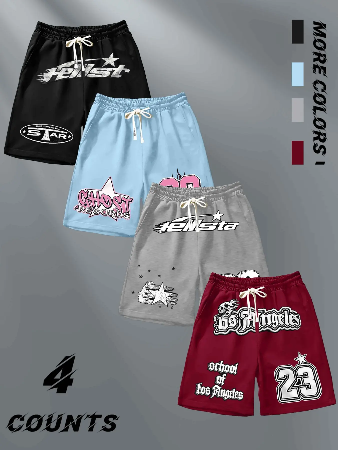 4-Pack Men's Retro Vintage Streetwear Graphic Fitness Shorts, Athleisure Shorts, Activewear, Urban Graffiti Style, Soft Breathable Fabric, Ideal for Street Fashion & Casual Fans, Daily Leisure, Outdoor Activities, Sports Drawstring Shorts
