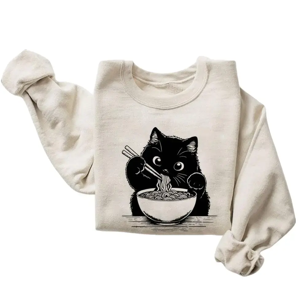 Noodle Cat Sweatshirt, Ramen Funny Cat , Aesthetic Graphic Retro Vintage, Cat Lover Gift Unisex