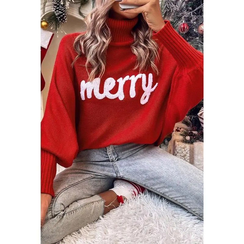 NewChristmas Sweater for Women, Red Turtleneck Pullover with a Casual 'Merry' Graphic, Long Batwing Sleeve Knit Top, Longsleeves