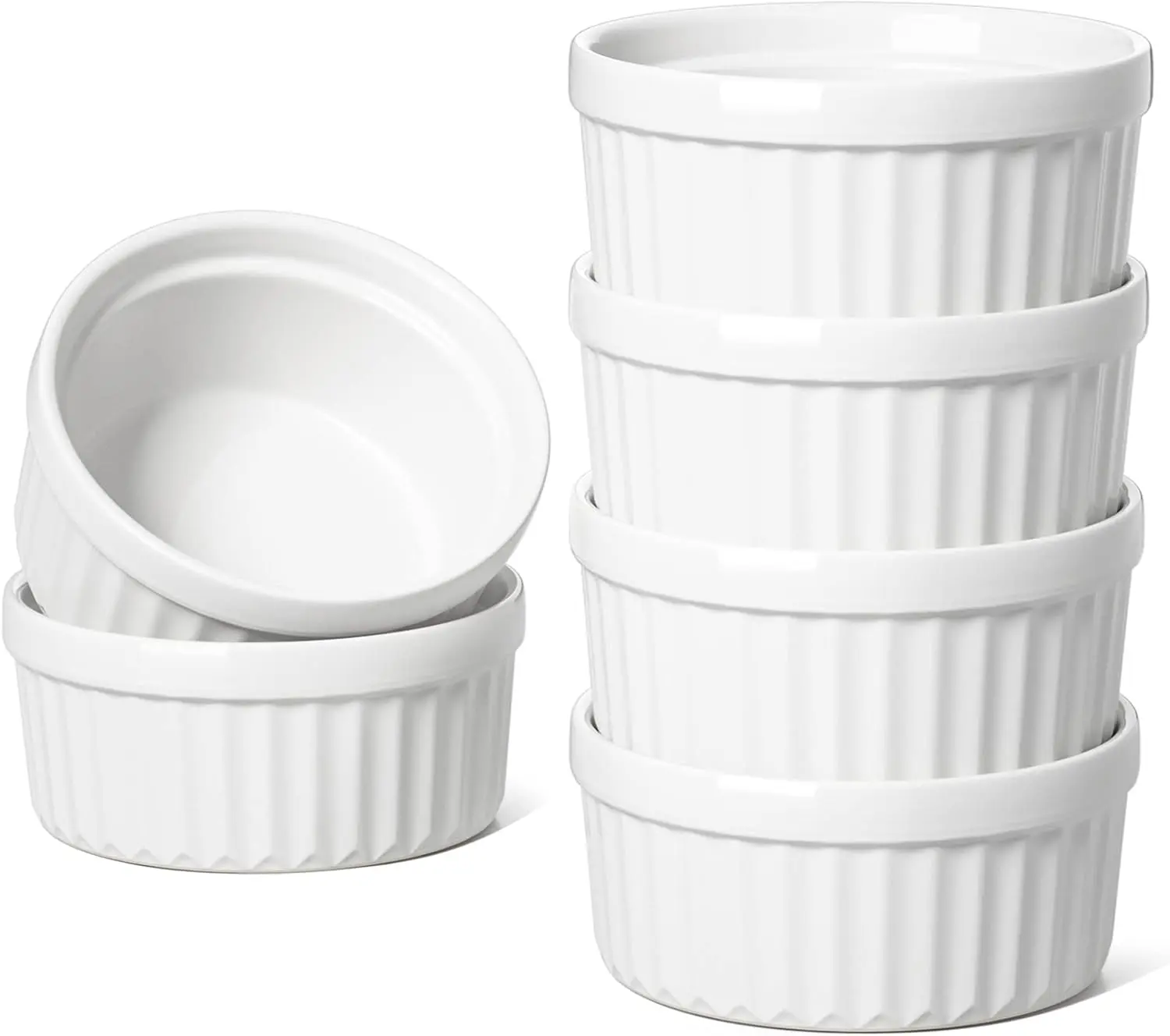 Set of 6, White  Ramekins 4 OZ Oven Safe, Creme Brulee Ramekins, Pudding Custard Cups Souffle Ramiken, Dipping Sauce Dishes, Ceramic Ramekin Bowls