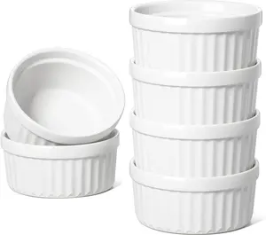 Set of 6, White  Ramekins 4 OZ Oven Safe, Creme Brulee Ramekins, Pudding Custard Cups Souffle Ramiken, Dipping Sauce Dishes, Ceramic Ramekin Bowls