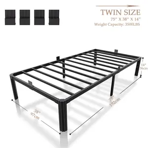【Twin Size】Heavy Duty Metal Bed Frame – 14” Storage Space, Metal bed frame, double bed, sturdy  single bed,Reinforced Sleep Rubber Caps Assembly  No Box Spring Needed