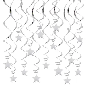 15-Pack Metallic Silver Star Swirl Ceiling Decorations – Hanging Foil Party Streamers for Graduation, Wedding, Baby Shower, Birthday, and Event Decor
