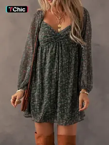 Women's Ditsy Floral Print Sweetheart Neck Shirred Back Dress, Boho Fashion Casual Puff Sleeve Dress for Daily Holiday Vacation Wear, Ladies Dress for All Seasons