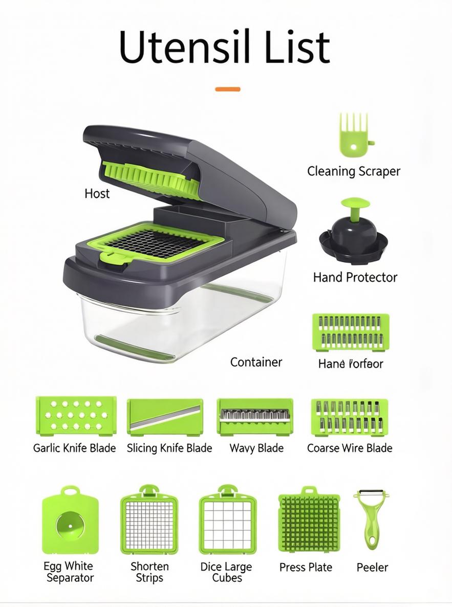 Multifunctional Vegetable Chopper, Kitchen Mandoline Slicer for Potato, Carrot & Cucumber, Easy Food Dicer Cutter Shredder Grater with Stainless Steel Blades, Time-Saving Cooking Tool for Home & Commercial Use