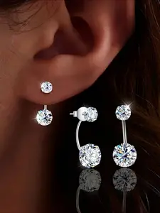 One Pair of Women's Earrings, S925 Sterling Silvery Double-Headed Round Synthetic Zirconia Studs, Classic Luxurious Design, Sparkling Bling-Bling, Suitable for Banquets and Parties, Hypoallergenic, The Best Gift for Ladies, Stud Earring Jewelry