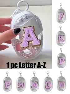 Portable Mini Transparent Zipper Storage Bag, Purple Towel Fabric Embroidered Letter A-Z, Compact Multi-Purpose Storage Bag, Earphone & Headphones Headset Charger Storage Box With Keychain, Transparent Travel Accessories, Exquisite And Compact