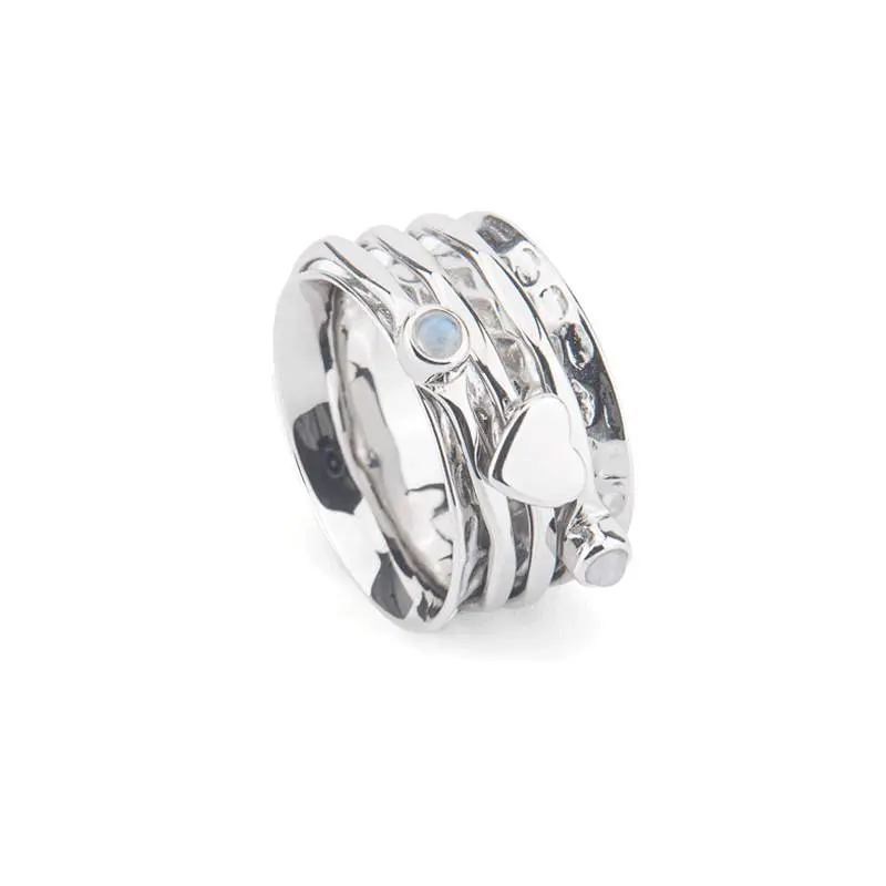 Sterling Silver Meditation Ring with Moon Heart & Genuine Moonstone - Iconic Design Spinning Jewelry for Daily Anxiety Relief, Gift for Adults, Relaxing