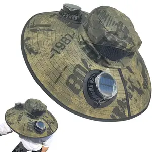 Summer Solar Fan Hat – Wide Brim, Solar & USB Powered, Adjustable Angle for Fishing & Beach, Camouflage Deep Green, Unisex