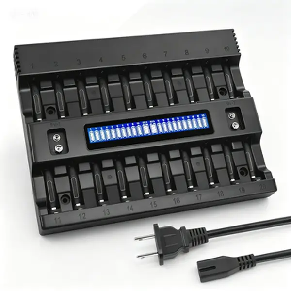 Smart LCD Display NiMH NiCd Battery Charger - 20+2 Bay with Independent 9V Slots, Rapid Charging Organizer for AA AAA Batteries, Universal Station for Household Use