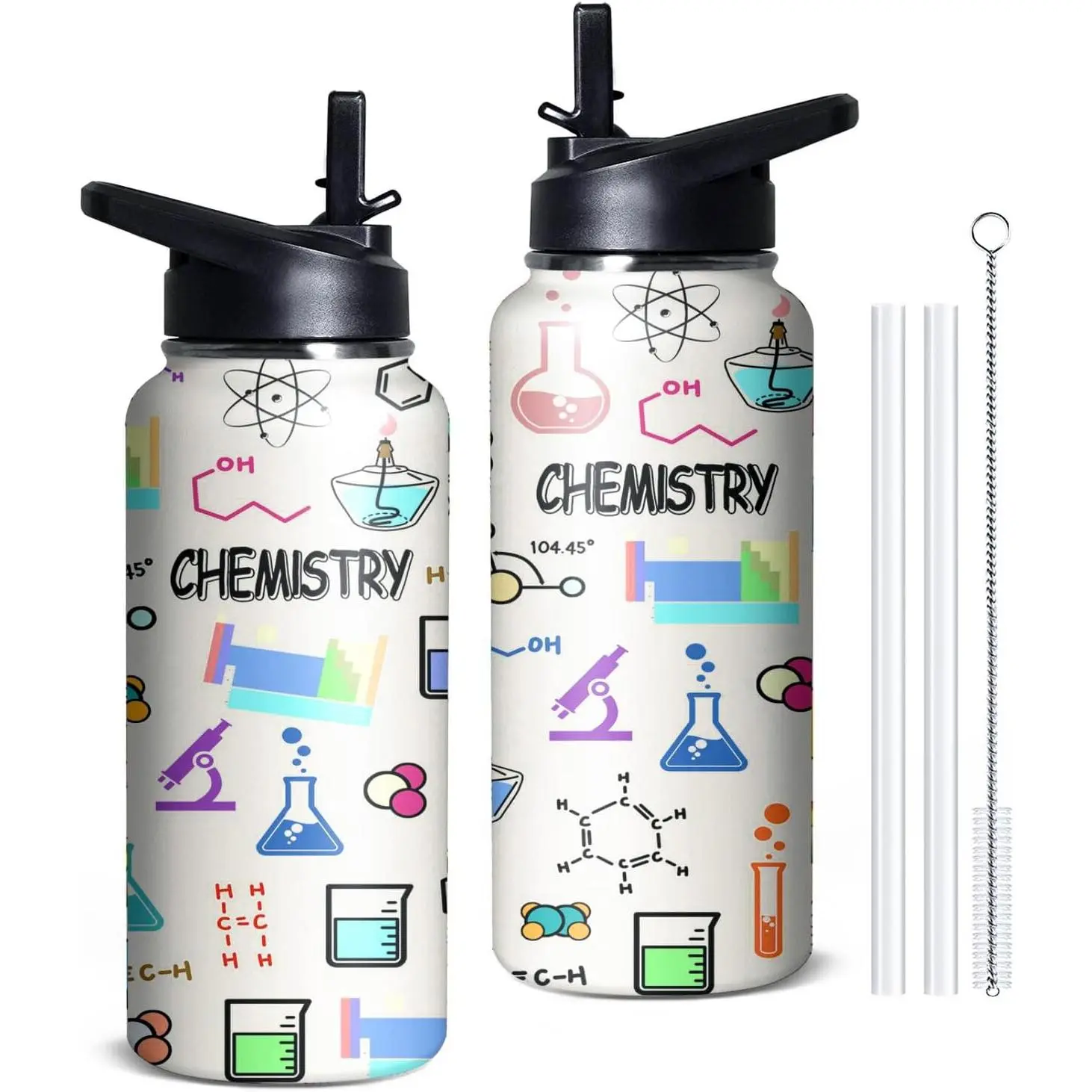 32 oz Classic Insulated Stainless Steel Flask Bottle - Lightweight, Stylish, Portable Tumbler with Printed Design, Straws, Flip Lid, Double Vacuum Insulation (0-6 Hrs), Explosion-Proof, Women's Chemistry Teacher Gift, Daily Drinkware