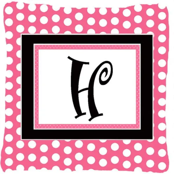 Letter H Initial Monogram - Pink Black Polka Dots Indoor & Outdoor Fabric Decorative Pillow