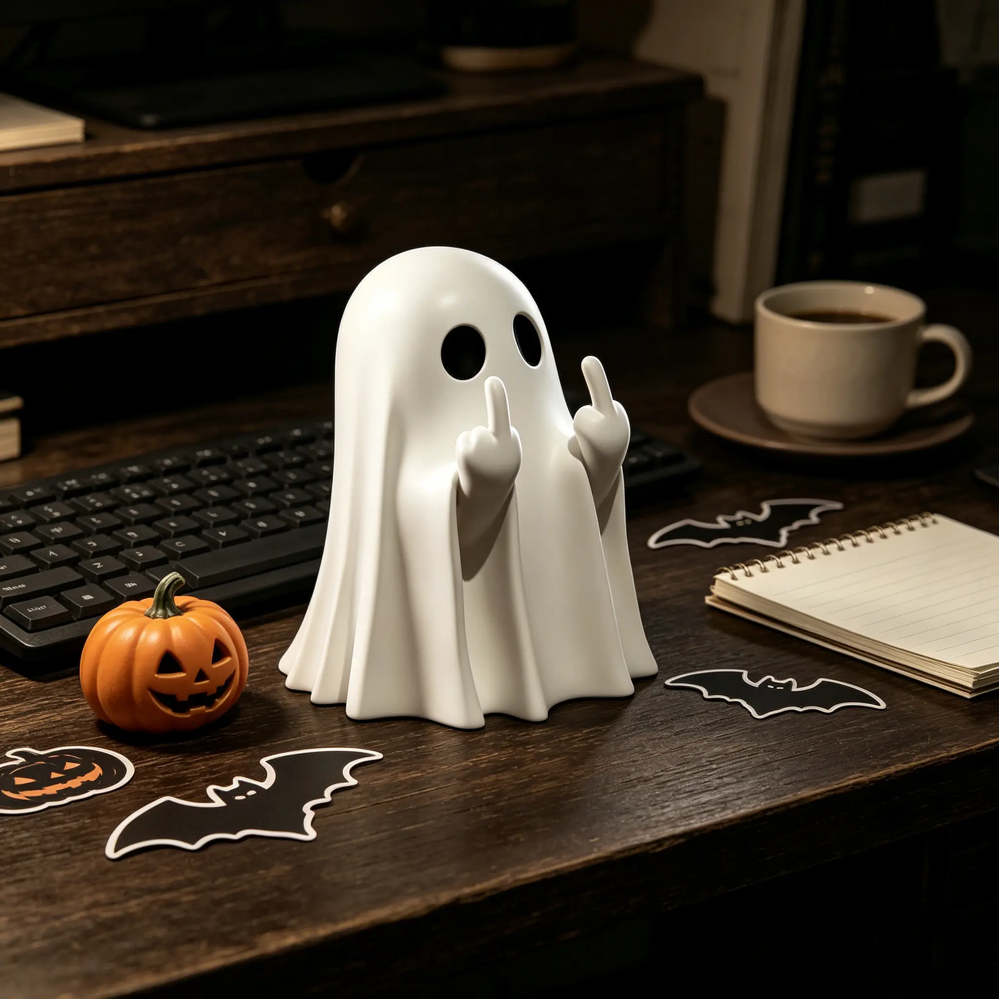 Halloween Ghost Figurine - Spooky Cute Resin Middle Finger Ghost Statue, Perfect for Porch & Indoor Halloween Decor， Anime-Style
