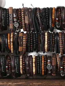 Men's Vintage Casual Beaded PU Leather Bangle Bracelet Set, 5/22 Pieces, Daily Wear, Sports, Fashionable Gift for Boyfriend (random Shipping)