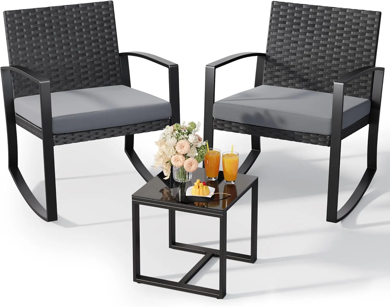 GIZOON 3-Piece Ergonomic Patio Rocking Bistro Set, Outdoor Rattan Furniture Set with Coffee Table & Grey Cushion, for Garden, Balcony, Patio Furniture Set,summerwins,home decor,camping essentials