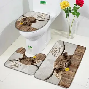Rustic Highland Cattle Bath Mat Set Vintage Brown Wooden Plank Dutch Cow Farm Animal Bathroom Decor Non-Slip Rugs Toilet Cover Bathroom Mats Bathroom Floor Mat Bathroom Accessory