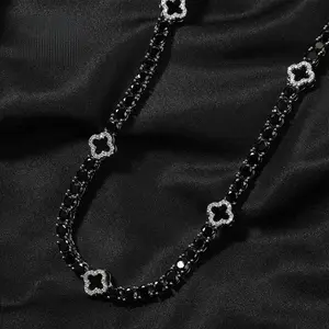 Hip Hop Clover Tennis Necklace Silver Black Clasp Design Trendy Jewelry