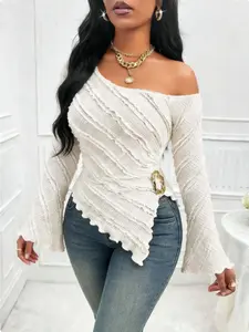 Women's Elegant Womenswear Commuter Travel Shirt, Blouse, Top, Fitted, Textured Fabric, Asymmetric Hem, Flare Sleeves, Long Sleeve, Side Metal Decor, Spring & Fall Fashion, Elegance