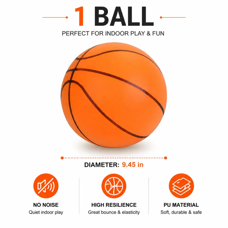 24cm High-Density PU Silent Uncoated Basketball, Noiseless Rebound Bounce Ball, Easy Setup Hoop Accessory, No Drilling Needed, Adhesive Hooks Included, Unisex Indoor Training Ball, Perfect Gift for Birthdays-Thanksgiving, 34.5x35.5x10cm-4765