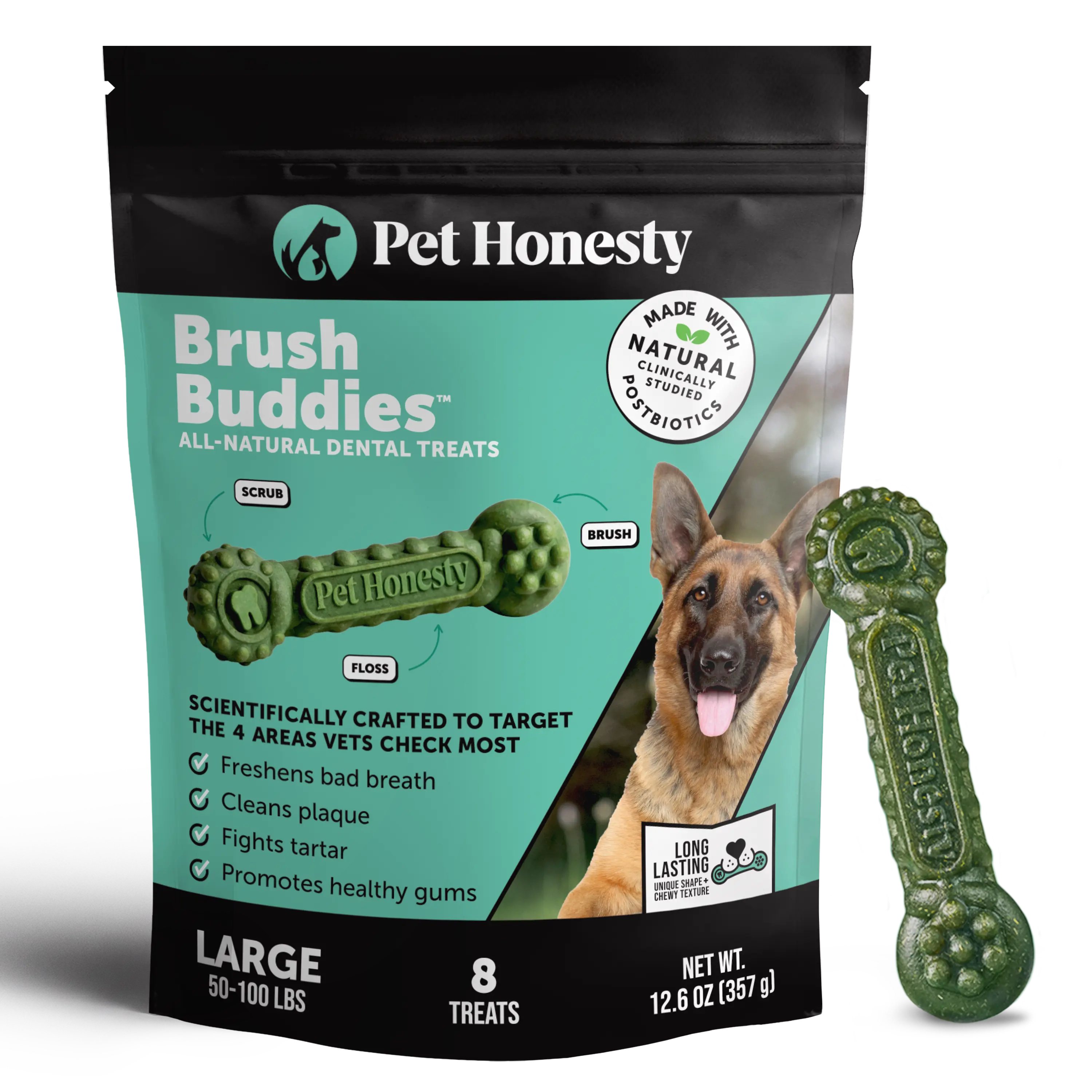 Brush Buddies All-Natural + Long Lasting Dental Treats for Large Sized Dogs - 8 Count