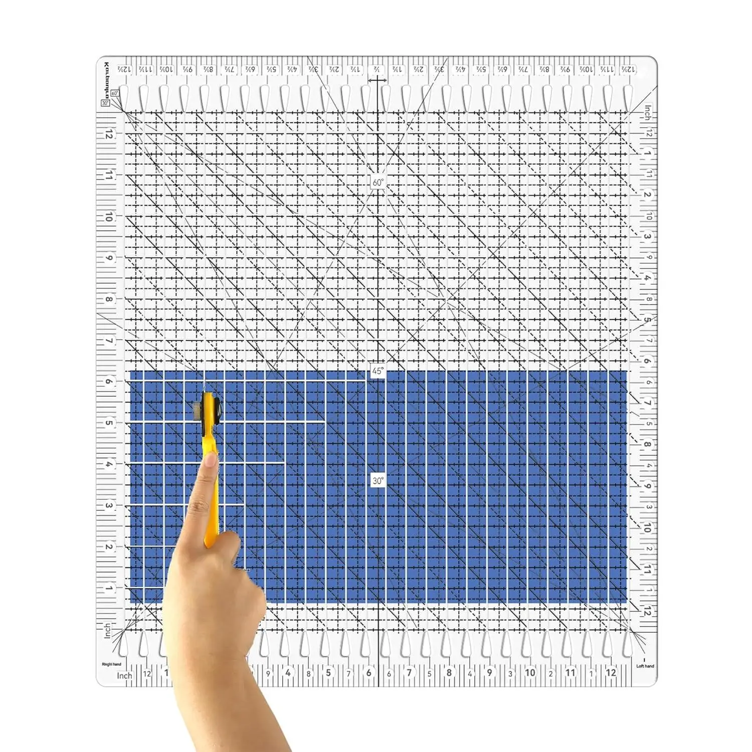 Quilting Ruler - 12.5x12.5in Slotted Measuring Instrument, Sewing Accessories and Supplies for Fabric, Fast Strip Cuts, Grips Stay Put, Light/Dark Read, Self-Adhesive Grips Steady The Ruler