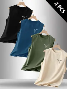 Men's Summer Casual Sleeveless Vest, Letter Pattern Print, Outdoor Sports Wear, Daily Versatile, Pack of 4, Fitted Style