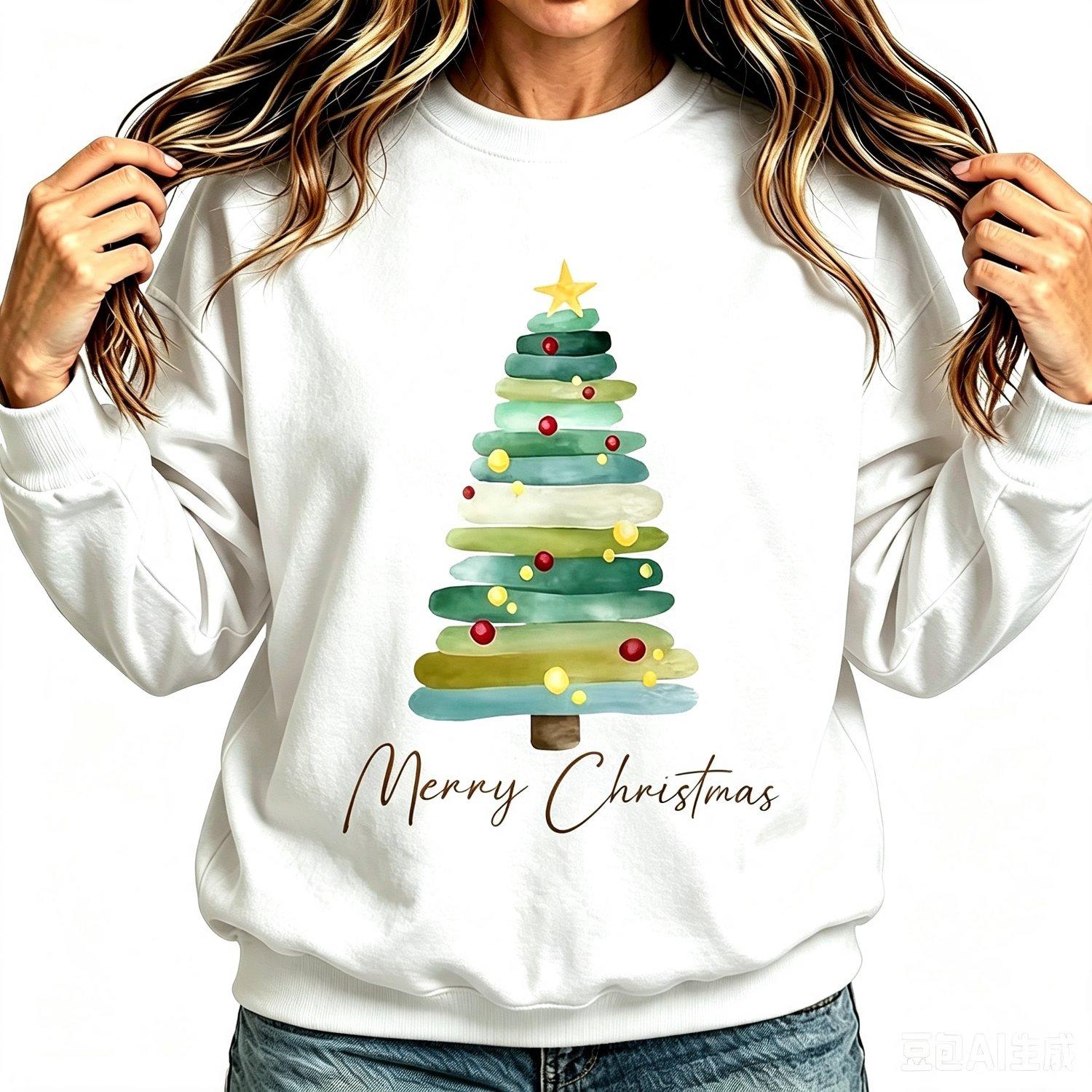 Watercolor Layered Christmas Tree Minimalist Merry Christmas Script Winter Festive Crew neck sweatshirt Neutral Oversized Casual Holiday Pullover