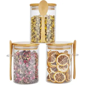 3 Pack Glass Containers Jars with  Airtight Lid and Spoon, 15Oz Glass  Storage Canisters, Kitchen Organization Jar Set for Coffee Beans, , Flour, Salt, Nuts, Candy, Cookie and More