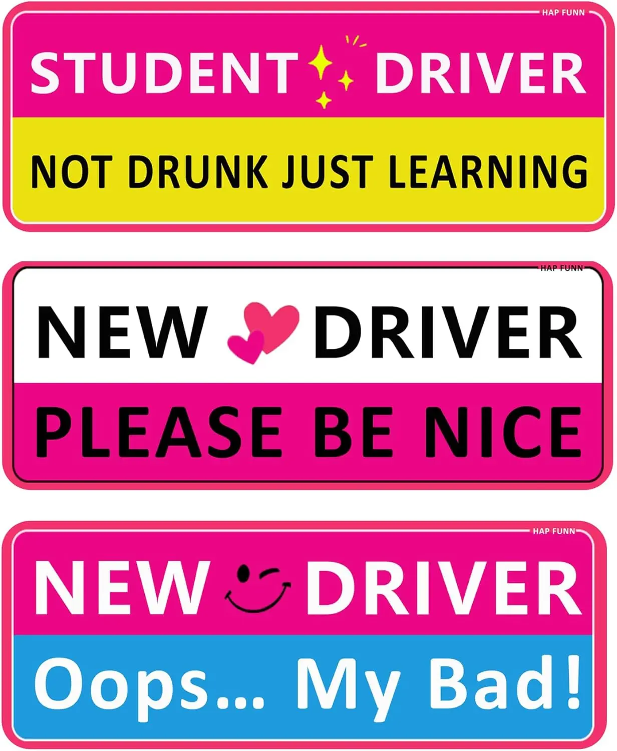 Student Driver Magnet for Car, 3Pcs Funny New Driver Magnet Sticker for Car, Cute Pink Reflective Magnetic Bumper Sticker, Removable Safety Rookie Attention Sign HAP FUNN