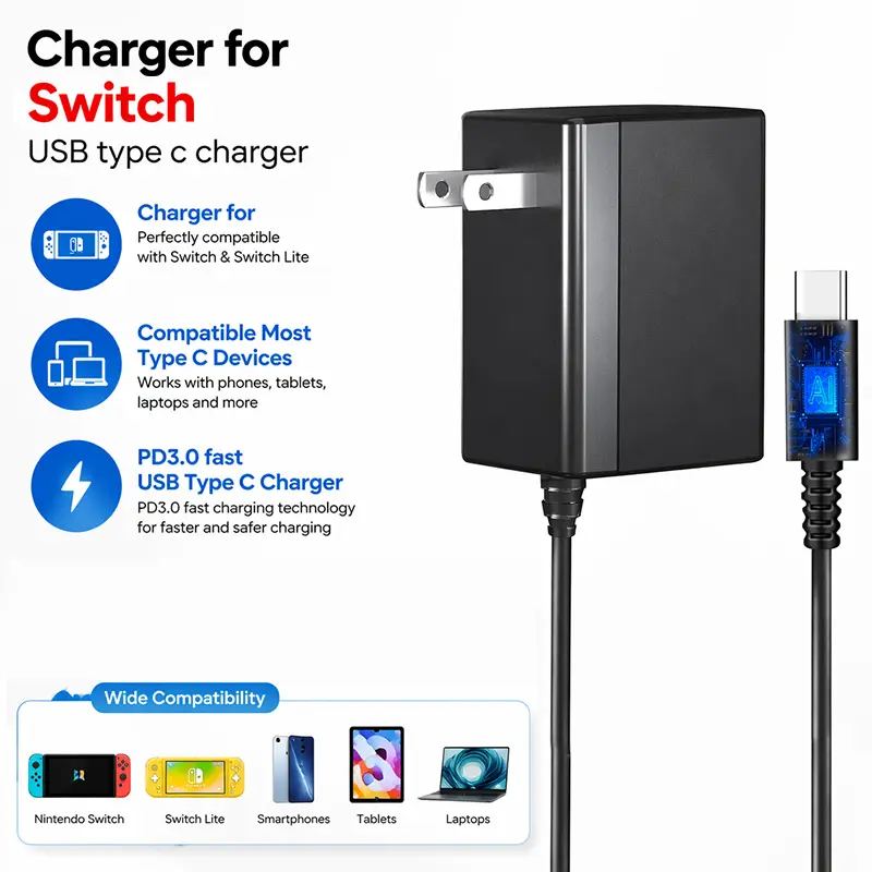 USB-C Fast Charger for Switch 2, 6.6FT Cable Included, AC Power Supply Adapter for Switch OLED/Lite & Steam Deck, Supports 15V2.6A Output TV Dock Mode,Gaming Switch Accessories