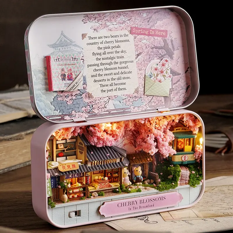 Cuteroom Sakura Theme DIY Dollhouse Kit, Mini Iron Box Theatre, Building Block Toy, Micro House Model Assembly Game, Perfect Gift