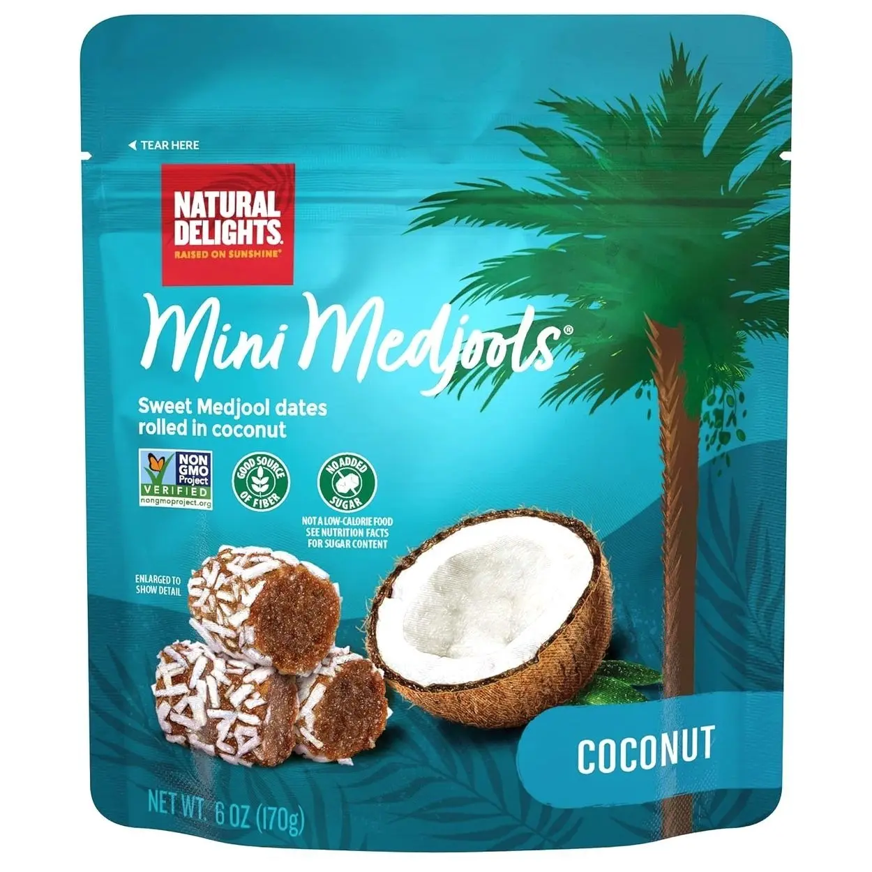 Natural Delights Medjool Dates - Coconut Mini Medjools, Non-GMO Verified, Mini Date Bites, Healthy Date Snack, Good Source of Fiber, Naturally Sweet, On the Go Snack - Coconut Mini Medjools, 6 oz Bag