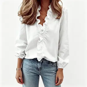 Women’s spring/summer vintage ruffled shirt, relaxed drop-shoulder cut with a casual yet elegant feel—light luxury and stylish for everyday commuting outfits.