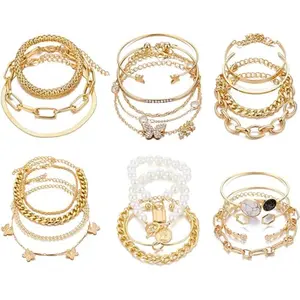 6 PACK (24 PCS) Boho Gold Chain Bracelets Set for Women, 14K Gold Plated Multiple Layered Stackable Open Cuff Wrap Bangle Adjustable Link Italian Cuban Jewelry for Women Gift