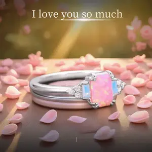 Stylish Elegant Square Pink-White Synthetic Opal Ring - Bridal Engagement/Wedding Anniversary Birthstone Jewelry - Luxury-Style Valentine's/Thanksgiving/Mother's Day Gift - Women's Daily Accessory