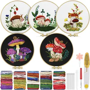 Embroidery Kit for Adult for Beginners, 5 Sets Mushroom Embroidery Kit for Beginners Include Embroidery Cloth Hoops Threads for Craft Lover Hand Stitch with Embroidery Skill Techniques