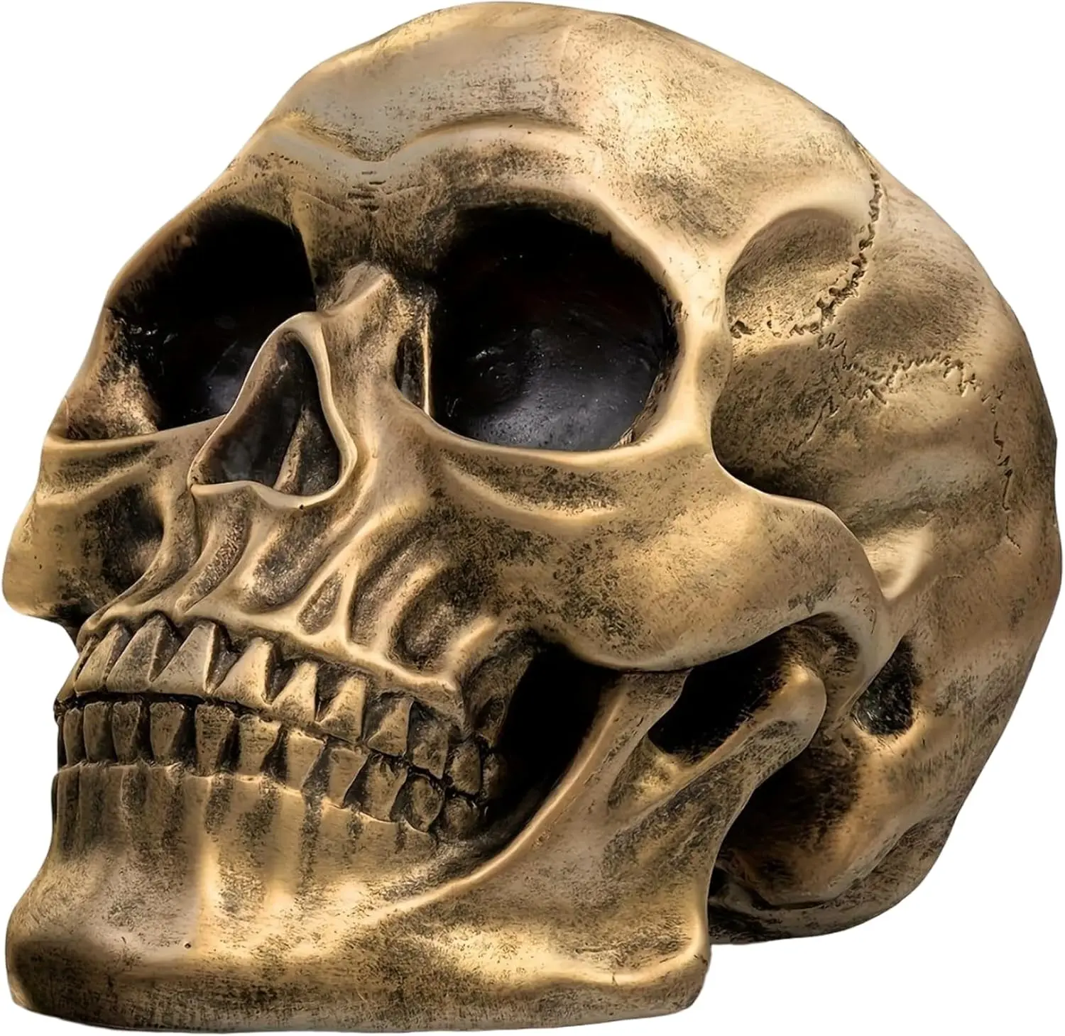 Vintage Golden Life-Size Human Skull Statue - Premium Resin Halloween Ornaments, Collectible Figurines, Lightweight Home Office Decor Gift for Gothic Lovers