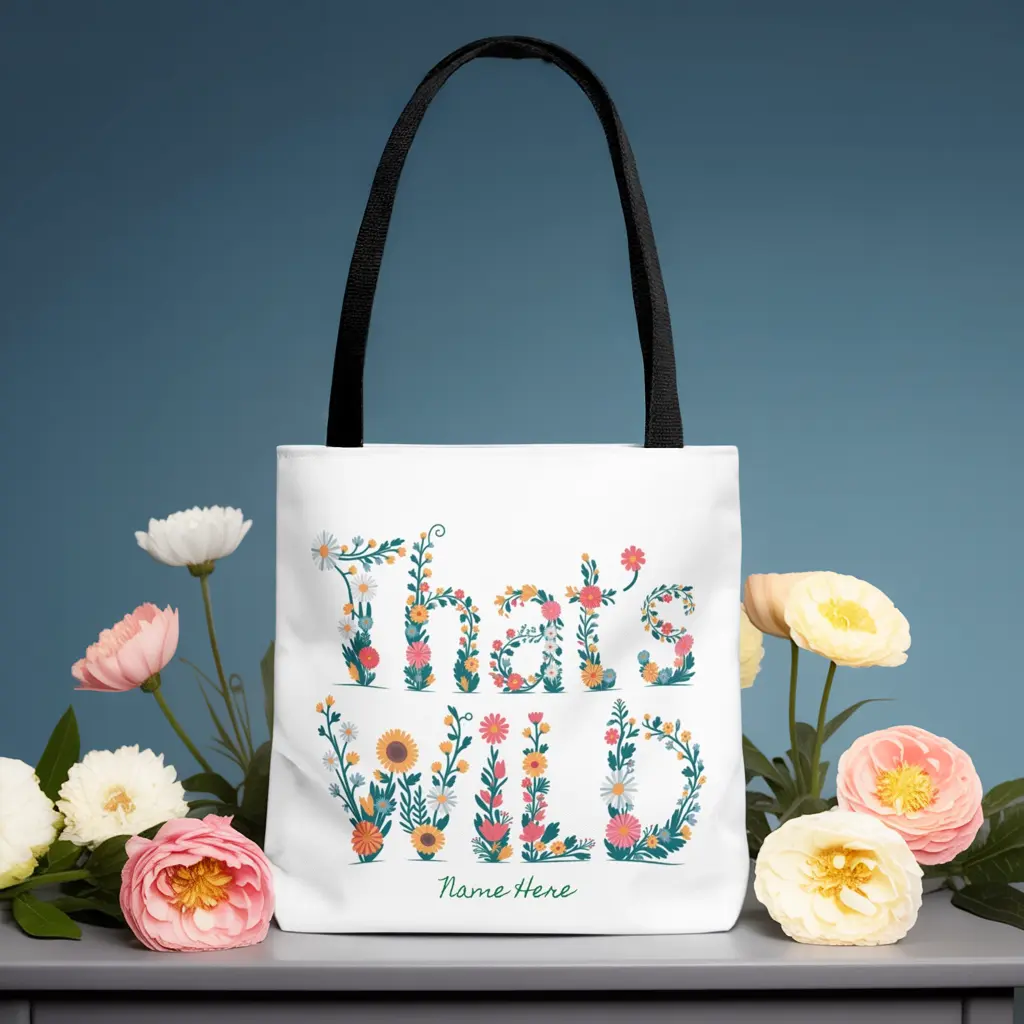 Custom That’s Wild Floral Tote Bag – Personalized Name Canvas Bag, Cute Boho Reusable Eco Shopping Tote, Nature Lover Gift With Colorful Flower Design