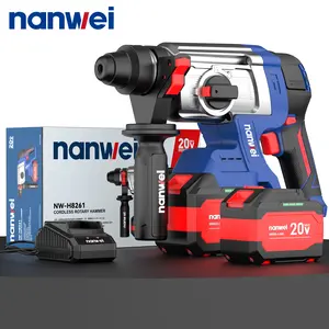 NANWEI Turning hole range 4-14MM SDS-Plus Rotary HammerDrill, 4 Functions in One Knob, Safety Clutch, 6 Speeds, 6200BPM /1050RPM, Fit for Concrete,Wood, Steel、drilling, hammer ,chiseling, adjustment Includes drill bit and 2 batteries, etc.