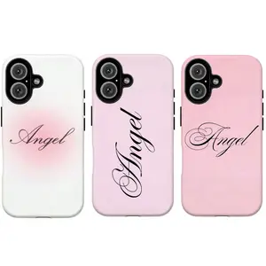 Soft Pink & White "Angel" Text Phone Case|Minimalist "Angel" Girly Phone Case|Soft Pink Aesthetic with Black Cursive Text Protective Cover For iPhone 17 Pro Max 16 15 14 13 12 11 for Samsung S21 S22 S23 S24 S25 S26 Phone Case|Gift For Her/Girl