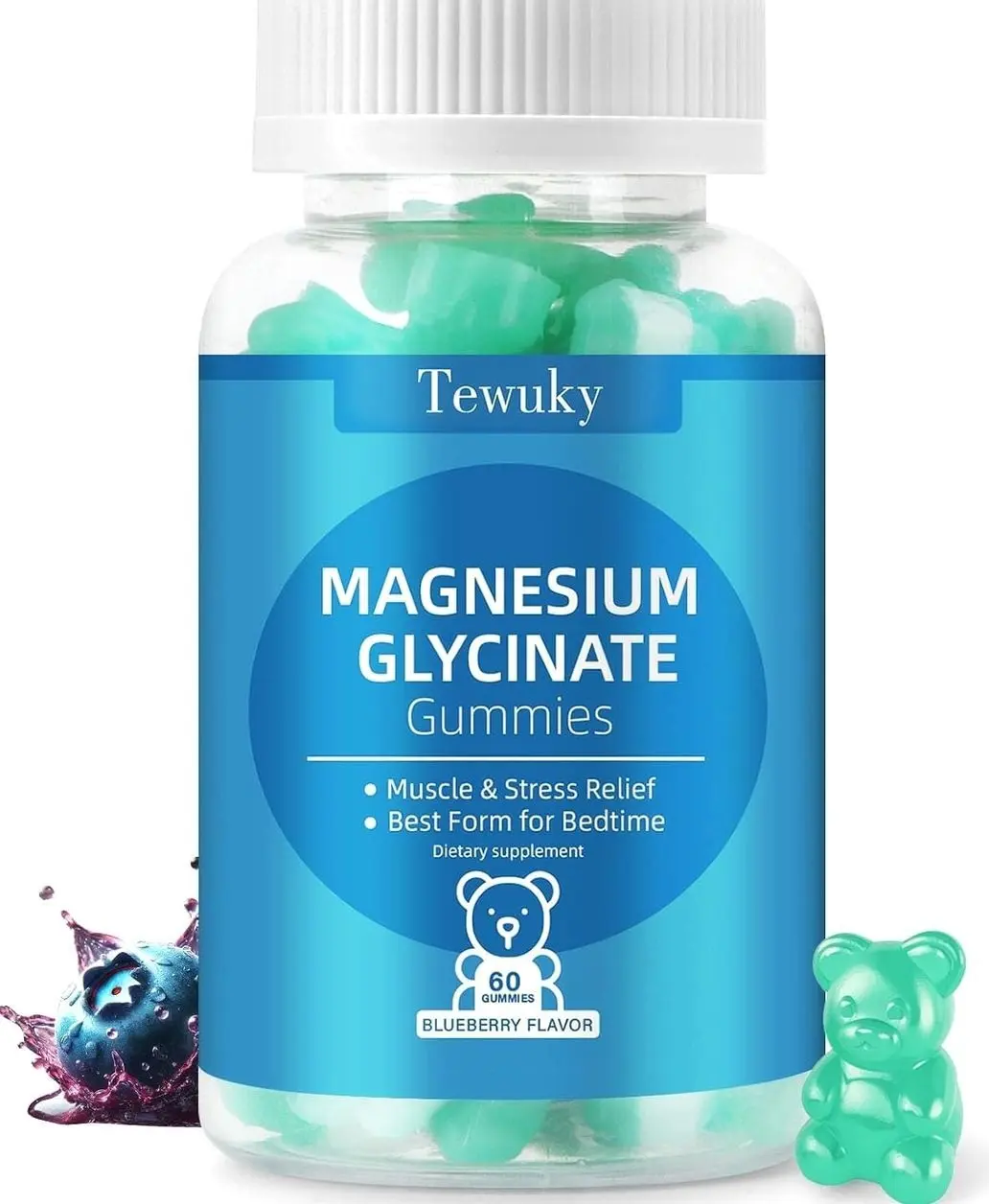 Magnesium Glycinate Gummies 500mg, Sugar-Free for Adults & Kids, Magnesium Gummies for Sleep, Stress & Muscle Relief, Supports Bone & Nerve Health, Vegan, Pectin-Based, 60 Count, Blueberry Flavor