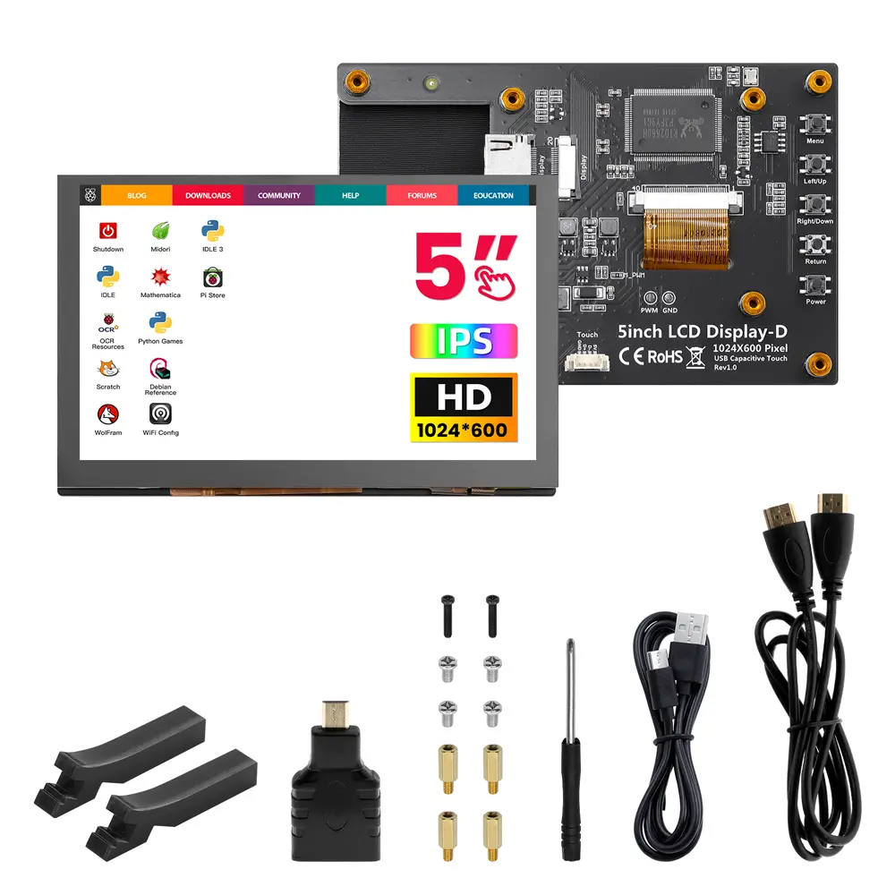 ELECROW 5-inch HD IPS Touch Display-D, 1024*600 Resolution, Compatible with Raspberry Pi/BB Black, Portable Computer Monitor for Desk Use