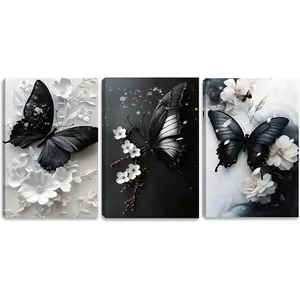3-piece 2D framed black and white butterfly canvas wall art, floral painting poster print, butterfly-themed wall decoration picture, suitable for living room, bathroom, bedroom, home wall decoration, 12x16inch